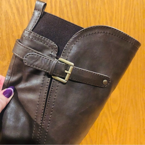 Call It Spring Size 7 Dark Chocolate Brown Knee High Full inside zipper Buckles - Picture 6 of 16